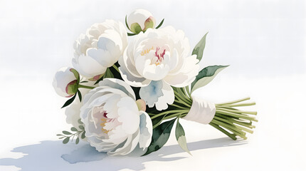 Elegant white peony bridal bouquet hand-painted in a sophisticated watercolor style with hyper-detailed petals.