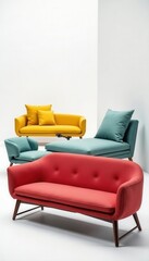 Stylish modern sofas, various designs, white backdrop, vintage, chesterfield, velvet