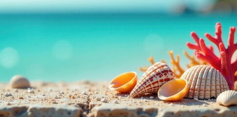 Sun-drenched seashells & coral on stone, minimalist mockup , frame, scene