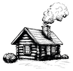 Hand drawn line art illustration of a log cabin depicting smoke rising from its chimney for rural living concepts
