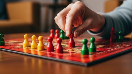 Caucasian hand meticulously moves vibrant red game piece on a detailed board, illustrating a decisive moment of strategic play