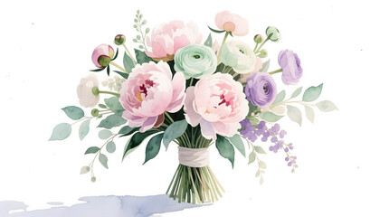 Fototapeta premium Elegant bridal bouquet featuring peonies and ranunculus, hand-painted in realistic botanical watercolor.