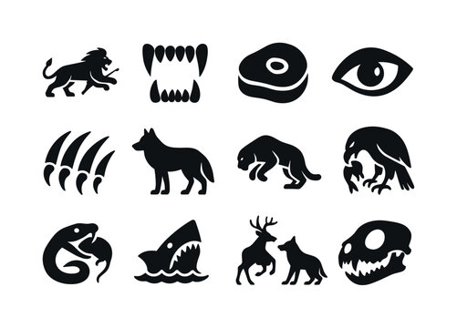 Black Carnivore Icons. Carnivores. Solid icon set of Carnivores: lion hunt, sharp teeth icon, meat chunk, predator eye, claw icon, wolf silhouette, big cat