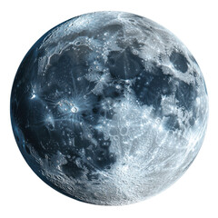 Bright full moon shines in the night sky showing details of craters and light spots against darkness