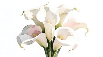 Realistic botanical watercolor of Calla Lilies featuring bridal elegance and refined details.