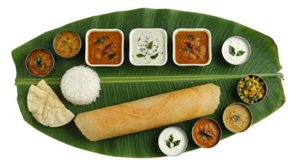 Comprehensive South Indian Thali with Masala Dosa, Rice, Sambar, and Various Chutneys on Banana Leaf