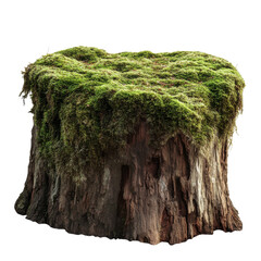 A tree stump stands in a natural area, topped with green moss under sunlight, showing signs of decay