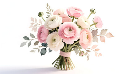Romantic bridal bouquet of blush pink ranunculus, hand-painted in watercolor with a soft texture and premium look.