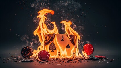 Engulfed poker cards and chips burn with intense flames, dramatically capturing the game's destructive power against a deep charcoal background