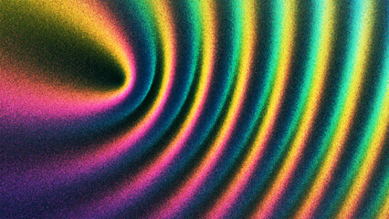 Colorful circular wave pattern forming radiant concentric rings with grainy gradient texture created from thousands of individual dots. Dynamic rainbow ripple with hypnotic expanding waves. Vector