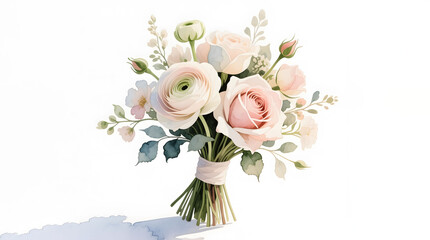 Elegant bridal bouquet of roses and ranunculus, hand-painted in a professional watercolor botanical style.