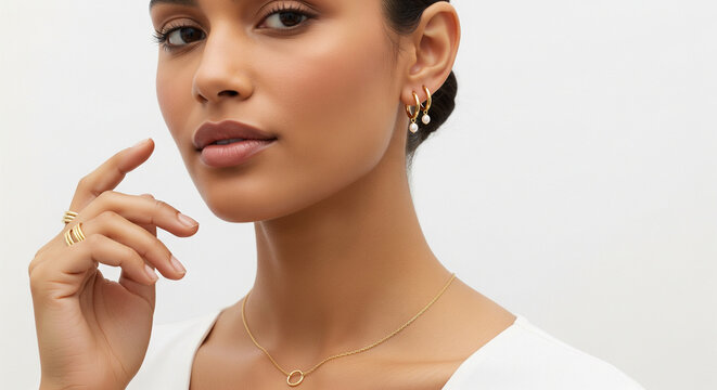 Fashion portrait of beautiful woman wearing luxury gold jewelry set. Model with pearl hoop earrings, necklace and rings on white background.