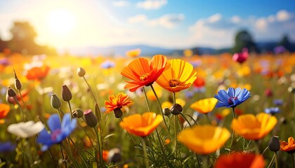 Obraz premium Vibrant Field of Wildflowers in Golden Sunlight.