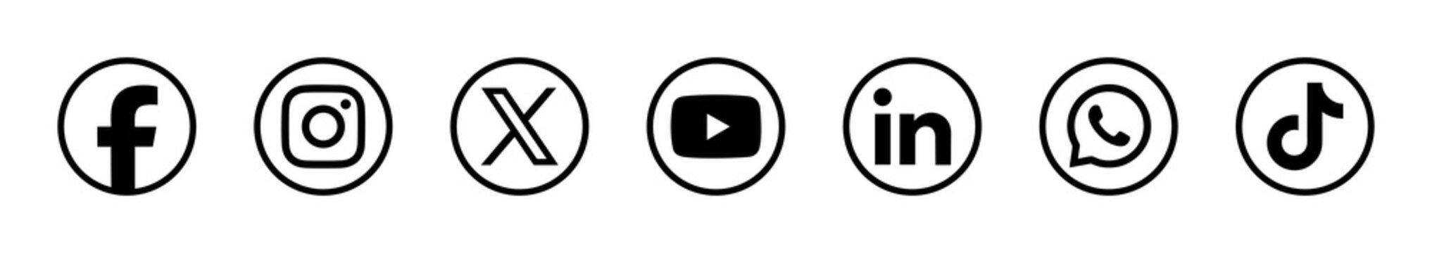 Social media logo icons outline svg . Facebook, Instagram, X , Twitter , YouTube, LinkedIn, WhatsApp & TikTok . vector circle button set 2026	