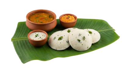 Authentic South Indian Breakfast with Steamed Idli, Sambar, and Assorted Chutneys Served on a Green Banana Leaf, Traditional Healthy Vegetarian Meal Isolated on White