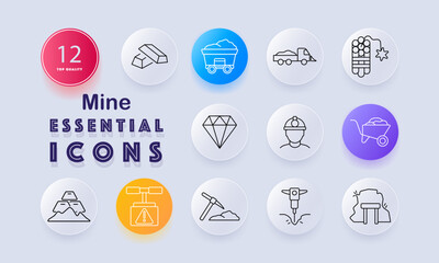 Mine set icon. Ore cart, gold bar, diamonds, dynamite, helmet, wheelbarrow, pickaxe, drill, mountain, tunnel, blast warning drawn in outlined mining theme.