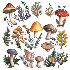 Different mushrooms and plants are shown in a creative arrangement with various shapes and colors