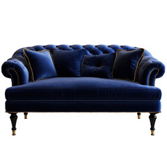 A blue velvet sofa with four pillows is placed in a well-lit modern living room with natural light coming in