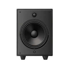 A black speaker is placed on the floor in a room where audio equipment is set up for testing sound quality