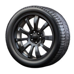 Black car wheel with tire shows the design and structure of each part in a simple display