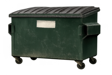 Green commercial waste dumpster with closed lid, containing trash and materials for recycling, transparent background