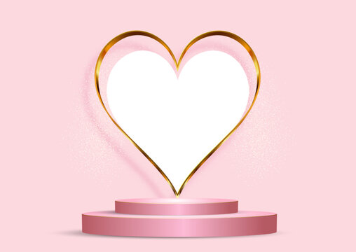 Valentines Day display background with gold heart and podium design 