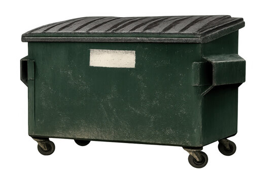Green commercial waste dumpster with closed lid, containing trash and materials for recycling, transparent background