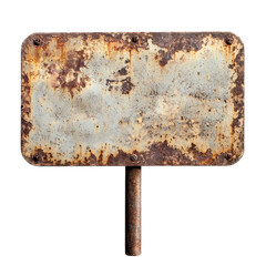 A weathered sign with surface rust stands on a pole at an empty place. The background shows no clear details