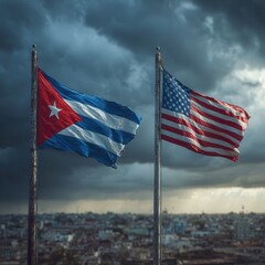 Flags of Cuba and United States on separate flagpoles 
