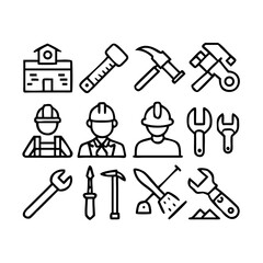 Fototapeta premium Labor Web Icon Set in Line Style. Collection of Construction Linear Icons, Including labour day, renovation, repair, work tools, materials, workers, building, business and more. Editable Stroke 