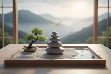 Minimalist zen garden with balanced stones, bonsai tree and water pool on wooden table, in front of sunrise mountain landscape, symbolizing peace