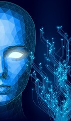 Abstract Polygonal AI Face with Glowing Eyes and Neural Circuit Lines in Futuristic Blue Wireframe Style