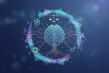 Brain with circuitry lines and ethical symbols like scales and shield, glowing tech style, on a dark blue background, concept of ethical technology