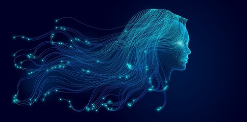 Wireframe AI Profile with Glowing Nodes and Flowing Neural Lines on Dark Futuristic Background