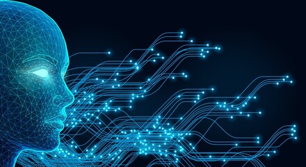 Blue Wireframe AI Face Emitting Data Streams and Neural Connections on Dark Futuristic Background