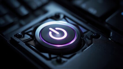 Close-up of a glowing power button on a dark electronic device.