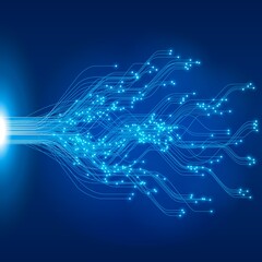 Glowing Blue Data Streams with Branching Lines and Nodes on Dark Gradient Network Background