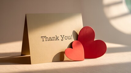 A warm and heartfelt thank you card adorned with two red hearts, bathed in soft, natural light.