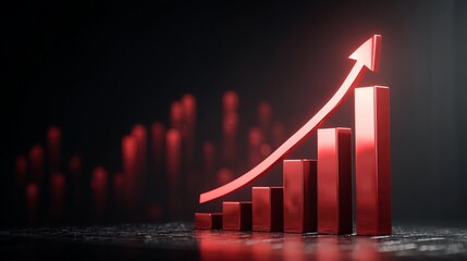 Red 3D bar chart with upward trend arrow graph