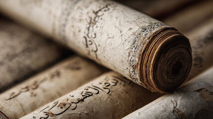 Close-up view of antique scrolls with intricate writings.