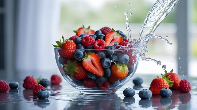 A refreshing burst of vibrant, juicy berries and strawberries being rinsed with splashing water in a clear glass bowl, creating a delicious and healthy treat.