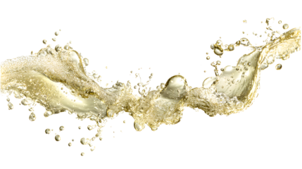 A spray of champagne gold fizzy liquid splashing isolated on white background for celebrations and festivities with festivity and party and drink