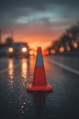 An atmospheric and moody scene featuring a vibrant orange traffic cone standing prominently on a wet asphalt road at dusk. The setting sun casts a warm, golden glow on the horizon, creating a beautifu
