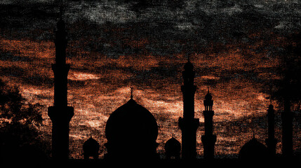 Silhouette of mosques at twilight.