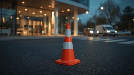 An eye-catching orange and white traffic cone stands prominently on a wet asphalt road, capturing attention in the foreground. The atmospheric scene unfolds at dusk or night, with shimmering water dro