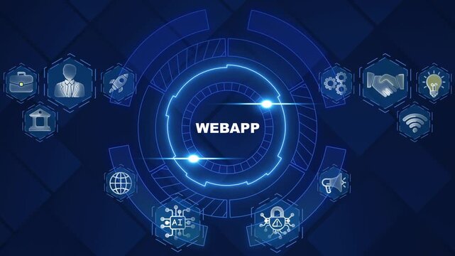 Web Application Technology Concept with and Symbols on Dark Blue Background webapp software development