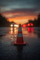 Orange and white safety cone on wet road at dusk. Blurred vehicle lights reflect on damp asphalt. Twilight sky with warm, cool hues creates moody urban scene. Ideal for caution, road conditions, or ev