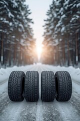 This compelling image features a pristine set of four automotive tires prominently displayed on a snow-covered and icy road, suggesting a crucial aspect of winter preparedness. The detailed tread patt