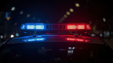 This compelling close-up captures the vibrant, flashing red and blue lights of an emergency vehicle against a dark, blurred nighttime city background. The intense, contrasting colors convey a strong s