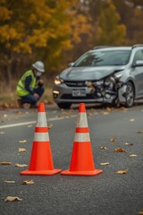 Two bright orange safety cones stand prominently on an asphalt road scattered with autumn leaves, marking a scene of a vehicle incident. In the blurred background, a worker in a protective hard hat an